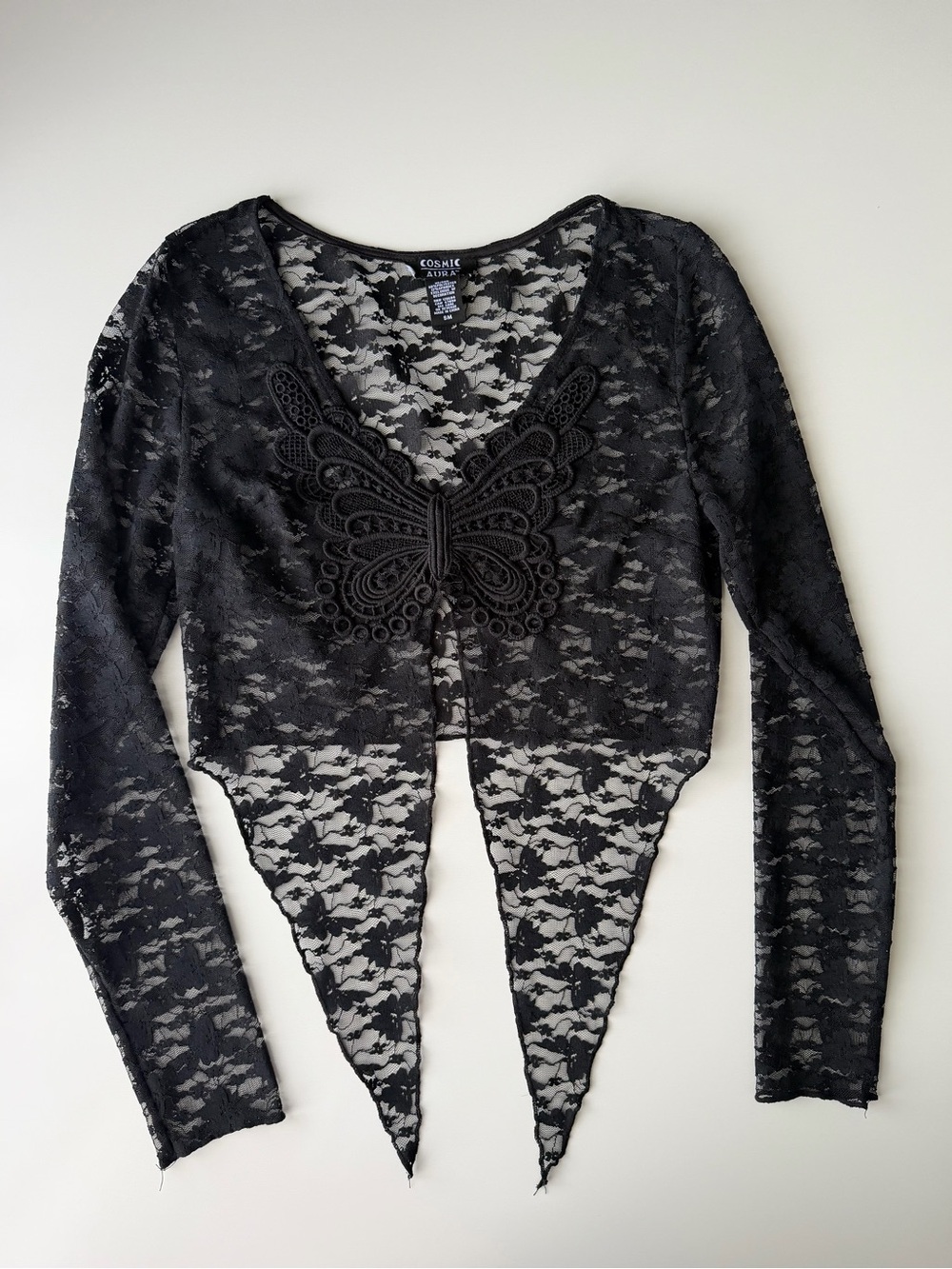 Black Lace Butterfly Appliqué Cropped Cardigan